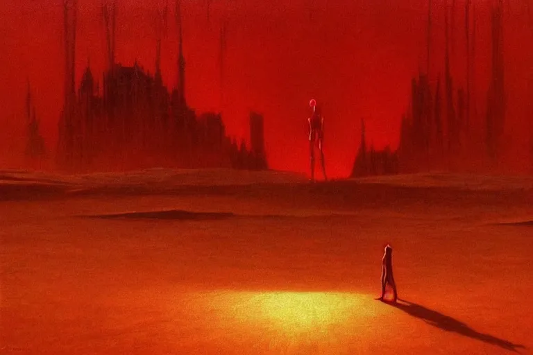 Image similar to only with red, a red god of death eat apple, a futuristic city on mars in background, an ancient path, pathos, in the style of beksinski, part by hopper, part by rodcenko, part by hofbauer, intricate composition, red by caravaggio, insanely quality, highly detailed, masterpiece, red light, artstation