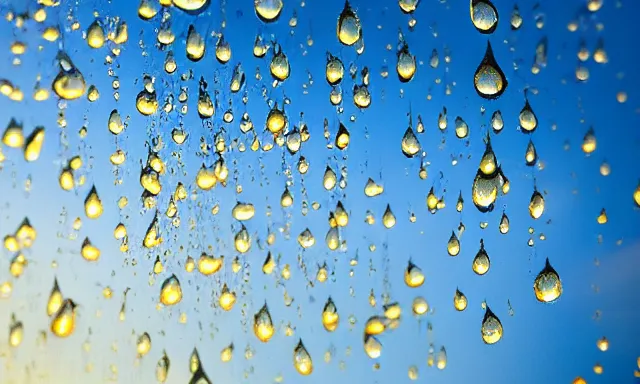 Image similar to beautiful picture of big upside-down raindrops floating quietly in a sunny blue sky, hot and sunny, highly-detailed, elegant, golden hour, dramatic lighting, artstation, 4k, cinematic landscape, photograph by National Geographic