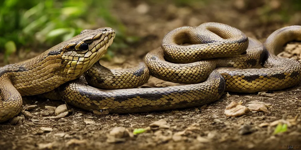 Image similar to A single Ryback fighting snakes outdoors, photorealistic, ultra hd, cinematic lighting, award-winning, 4k, leica sl2 30mm, beautiful color, high quality, high textured, lens flare