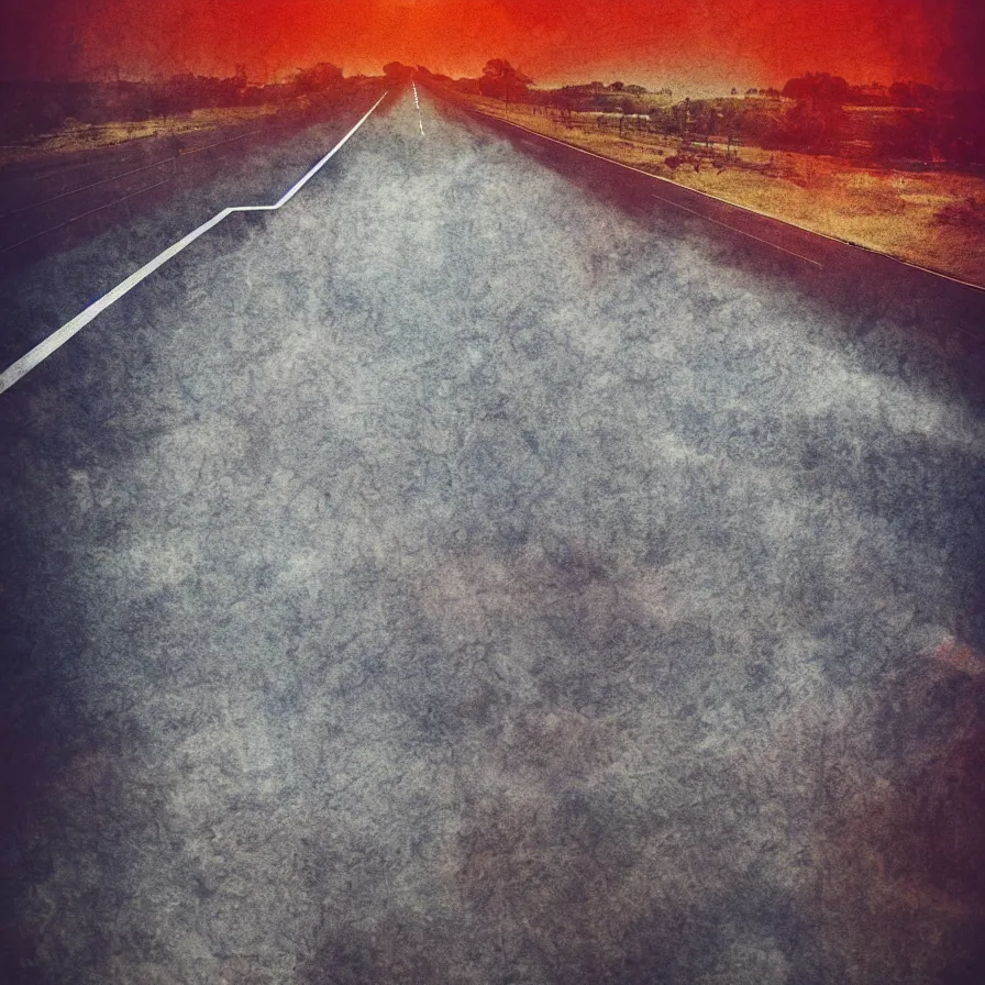 Image similar to atmospheric multiexposure photography of a highway road that is a blood artery leading to the heart sun. carefree vibes.