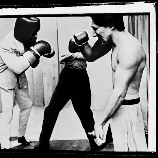 Image similar to Karl Marx and Ayn Rand boxing, photo, 1920, boxing ring background