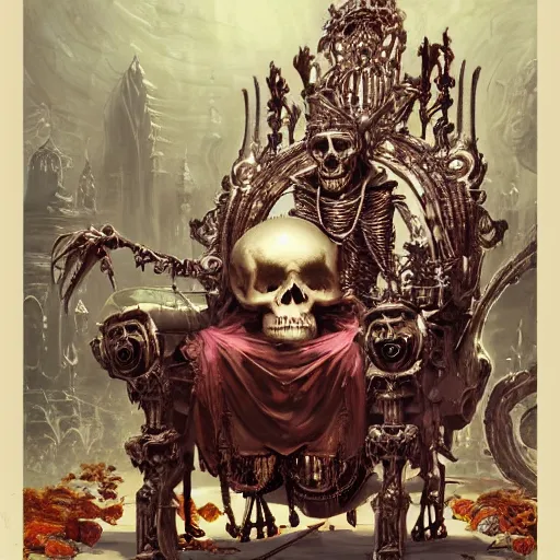 Image similar to high fantasy skeleton king android sitting on a ornate throne in an ornate palace by Stanley Artgerm Lau, frank frazetta, Rossdraws, James Jean, gerald brom, Andrei Riabovitchev, Marc Simonetti, and Sakimichan, trending on artstation, SFW version