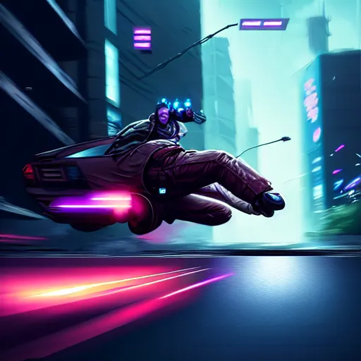 Image similar to cyberpunk dodging a moving car, in the style of greg rutkowski