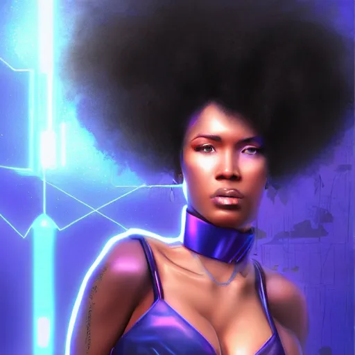 Image similar to cyberpunk black woman with afro hair, corcovado on the background, blue and purple digital art trending on artstation, atmospheric lighting, artgerm