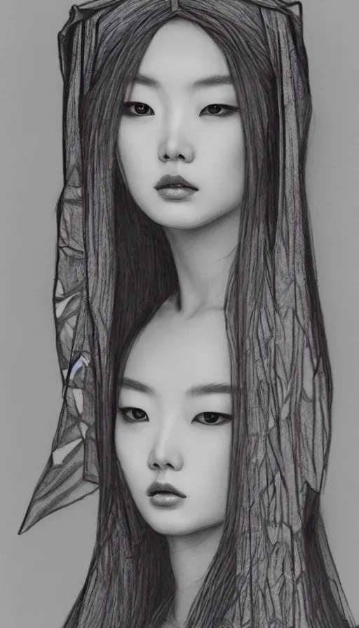 Prompt: model yoon young as the high priestess, by soeymilk, black and white graphite drawing, smooth render, 3 / 4 view