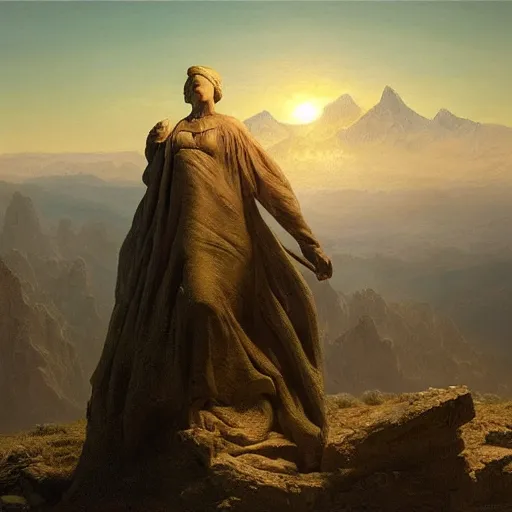 Image similar to an ultradetailed matte landscape painting of a large mountain made into a sculpture of a woman, sunrise on the horizon in the background, stone hand raised up, 8 k, art by greg rutkowski and albert bierstadt