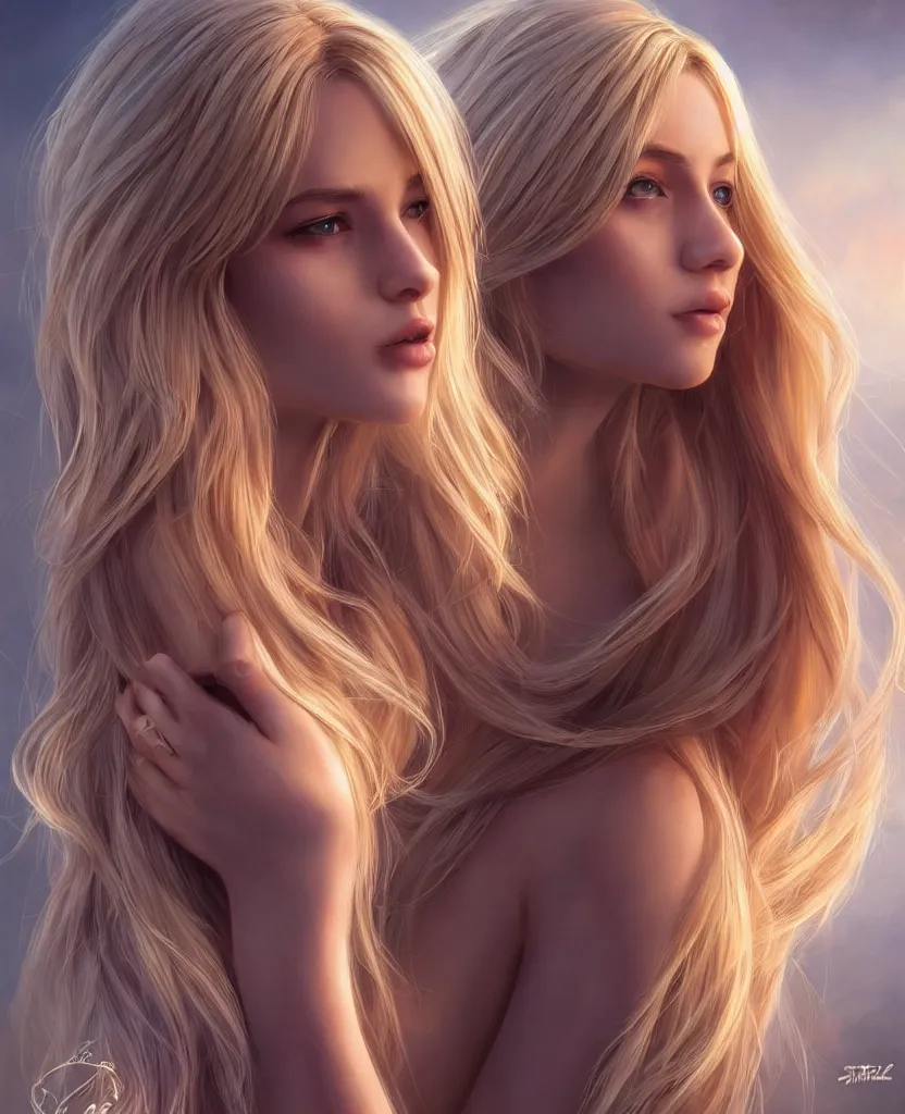 Image similar to a gorgeous female with long blonde hair in the style of stefan kostic, realistic, full body shot, wide angle, sharp focus, 8 k high definition, insanely detailed, intricate, elegant, art by stanley lau and artgerm, floating embers