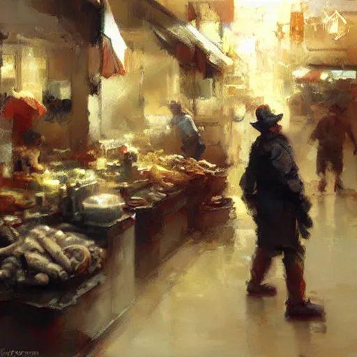 Image similar to low angle!!!!!! a a butcher working, artwork by craig mullins, low angle camera