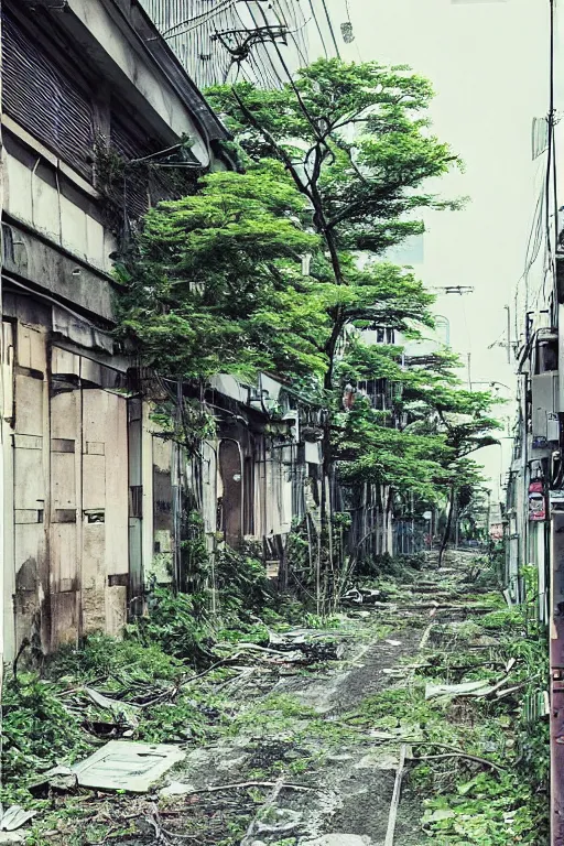 Prompt: (((((an abandoned city street, overgrown with plants and trees))))) by Tokyo Genso!!!!!!!!!!!!!!!!!!!!!!!!!!!