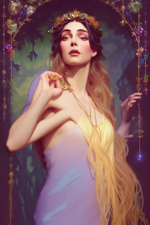 Prompt: ombre velvet gown, beautiful elegant dryad, beautiful face with soft features by leyendecker, long hair, tiara, dozens of jeweled necklaces, by greg rutkowski, brom, anato finnstark, alphonse mucha, oil painting, highly detailed, cinematic lighting, unreal,