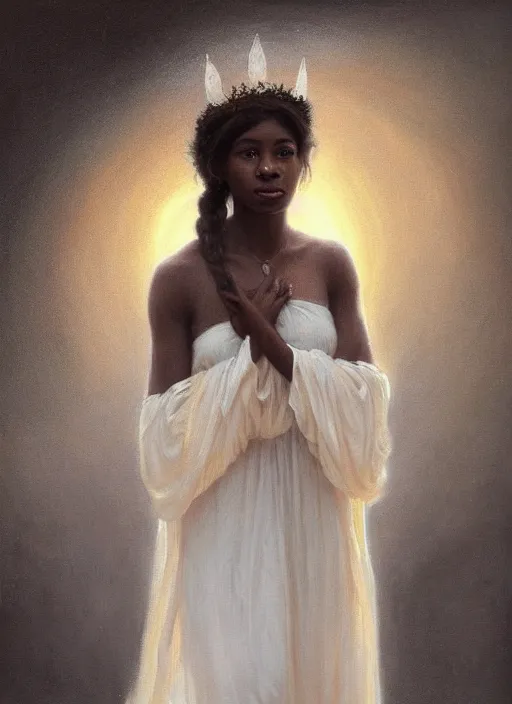 Image similar to oil painting close up portrait of a contemplative young black woman with long flowing hair in a white dress, wearing a crown of white roses!! at sunset, hazy, digital art, chiaroscuro, artstation, cinematic, golden hour, concept art, digital art painting by greg rutkowski, william - adolphe bouguereau, hazy atmosphere, cinematic lighting, flowers