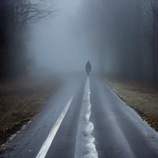 Image similar to mist, there\'s a shadowy figure on the road, with glowing eyes