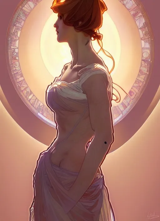 Image similar to digital character concept art by artgerm and alphonse mucha. clear portrait of a shy modern wife blessed by god to grow immaculately fertile and perfect!! blonde, in clothes! holy body! light effect. hyper detailed, glowing lights!! intricate, elegant, digital painting, artstation, smooth, sharp focus