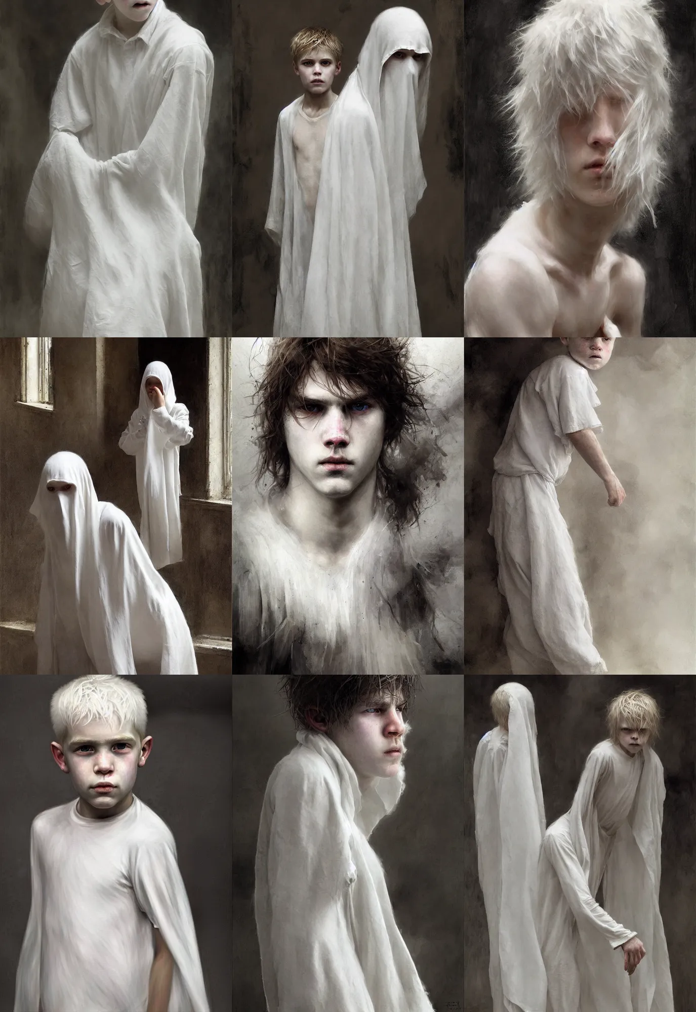Prompt: a ghost boy with white!!!!!! hair quietly watching the living continue their lives. waterhouse. geoffroy thoorens. ultra clear detailed