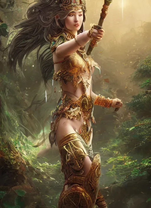 Prompt: Beautiful art portrait of a female fantasy godess warrior in a bright temple surrounded by lush forest, atmospheric lighting, intricate detail, cgsociety, hyperrealistic, octane render, RPG portrait, ambient light, dynamic lighting