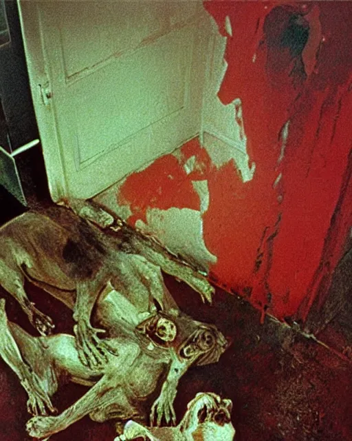 Image similar to realistic detailed overhead image of a dead old couple and stray dog in style of Francis Bacon and Willem de kooning, interior room with a pool of blood and stray dog barking, messy living room. Art by Henry Clarke, Still from 1982 movie The Thing. Beksiński Masterpiece