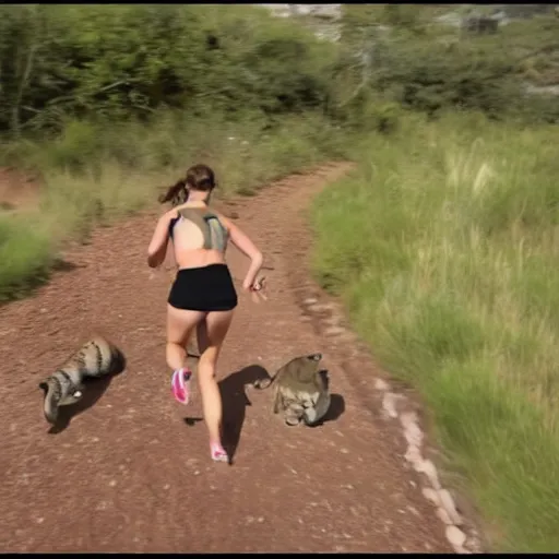 Prompt: screenshot of go pro footage from front view emma watson running in front of tiger over shoulder tiger behind emma