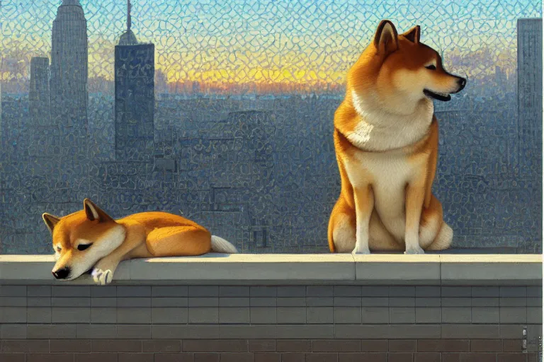 Prompt: painting of a shiba inu in a rooftop, watching new york, beautiful, sunset, romantic, by ludwig deutsch and maxfield parrish, patterned tilework, extremely detailed, cinematic lighting, smooth sharp focus