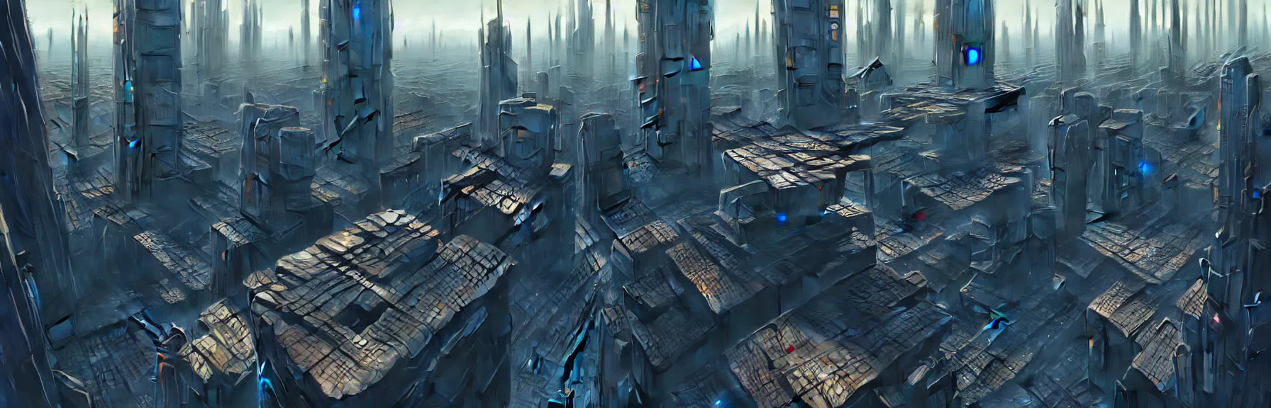 Image similar to abstract futuristic sci-fi cyberpunk city, birds eye view, detailed, matte painting, Lee Madgwick, Denis Sarazhin, artstation, unreal engine 5