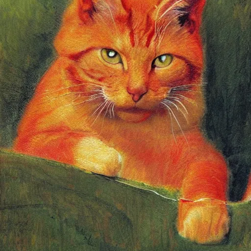 Image similar to A red cat sitting in the middle with yellow squares. in the art style of Andrew Wyeth. Brush Strokes,high texture, high resolution.