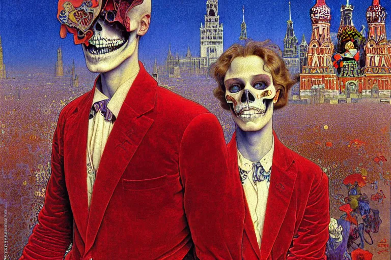 Image similar to realistic detailed closeup portrait painting of a single skeleton wearing red velvet blazer in a crowded futuristic moscow street by Jean Delville, Amano, Yves Tanguy, Alphonse Mucha, Ernst Haeckel, Edward Robert Hughes, Roger Dean, rich moody colours, blue eyes