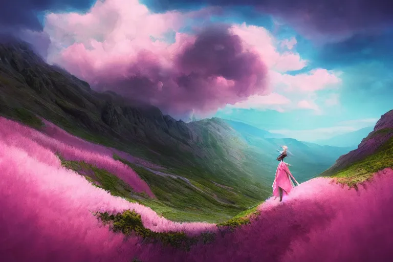 Image similar to giant dahlia flower crown under head, girl walking on mountain, surreal photography, pink storm clouds, dramatic light, impressionist painting, digital painting, artstation, simon stalenhag