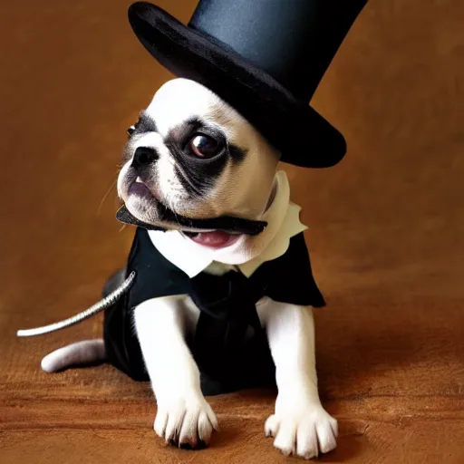 Image similar to puppy wearing a monocle and a top hat