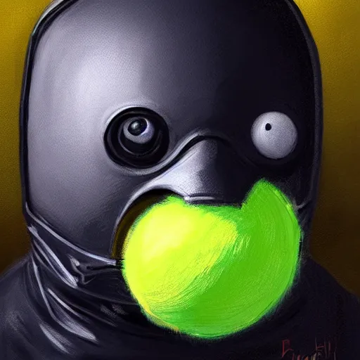 Prompt: a tennis ball monster with a tennis racquet, bust shot, balaclava, face covered, smooth, intricate, elegant, power aura, digital painting, artstation, concept art, sharp focus, illustration, art by basil gogos - h 6 4 0