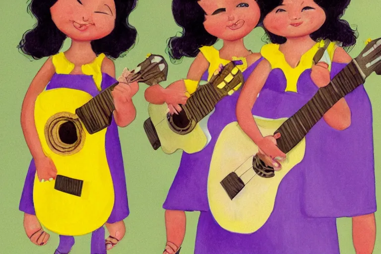 Image similar to conjoined twins wearing a purple dress holding a yellow ukelele, black hair