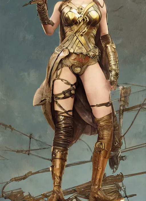 Image similar to highly detailed steampunk gal gadot standing, blond, steel age : leonardo da vinci, greg rutkowski, magali villeneuve