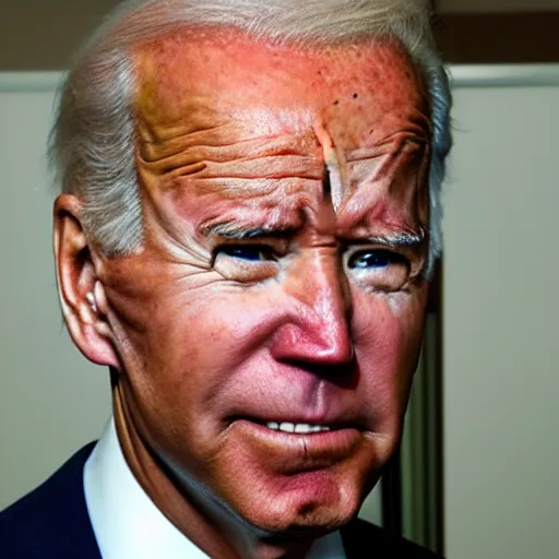 Image similar to joe biden frowning, swollen face, bruised, purple and green bruises, red swollen boils, painful, detailed, up close, medical photo, / r / medizzy