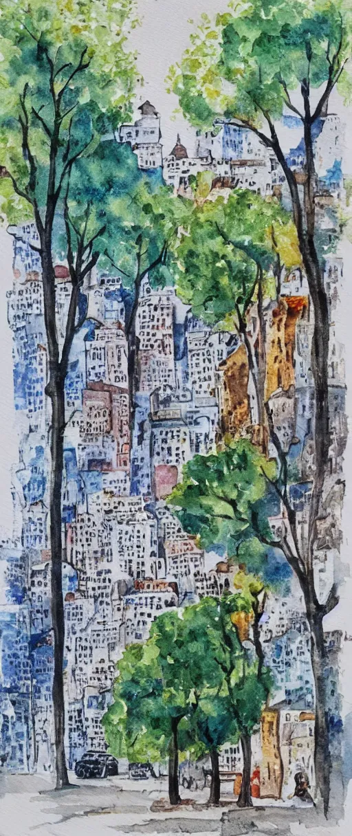 Prompt: city on a a tree, watercolor painting