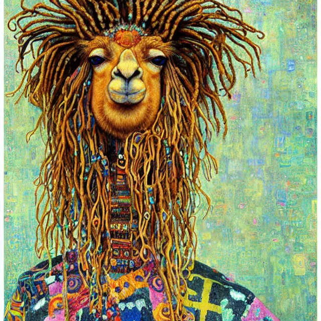 Prompt: llama with dreadlocks, by gustav klimt, by mandy jurgens, ernst haeckel, james jean