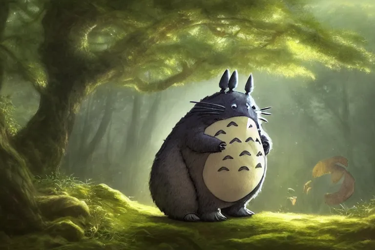 Prompt: photorealistic Totoro sitting in a forest, fantasy, illustrated by Greg Rutkowski and Caspar David Friedrich, high detail, god rays, Trending on artstation, artstationHD, artstationHQ