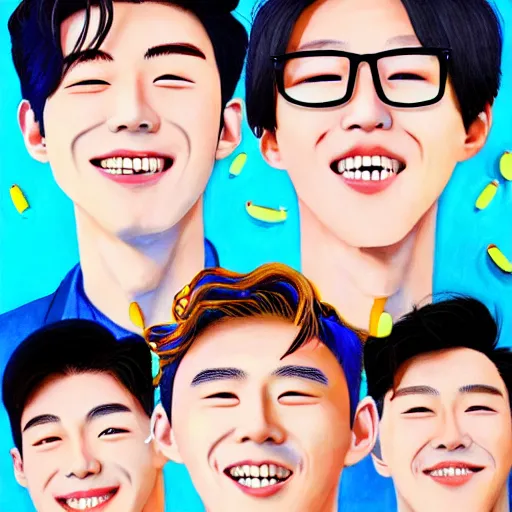 Image similar to handsome korean boys group smile to you - aesthetic, smooth painting, each individual seeds have ultra high detailed, 4 k, illustration, comical, acrylic paint style, pencil style, torn cosmo magazine style, pop art style, ultrarealism, by mike swiderek, jorge lacera, ben lo, tyler west