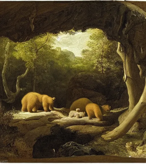 Image similar to viewer looking into dark cave and seeing a mother bear and her cubs sleeping, night time, artwork by Pieter Claesz, impressionism