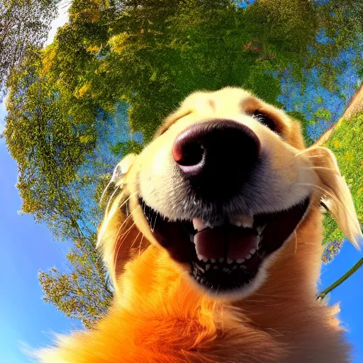 Prompt: Selfie of a dog sitting in a beautifully vivid park, while the sun shines brightly on the fur of the dog, subsurface scattering, first-person view, fisheye!!!!!! lens, photorealistic imagery, trending on artstation, 4k, 8k