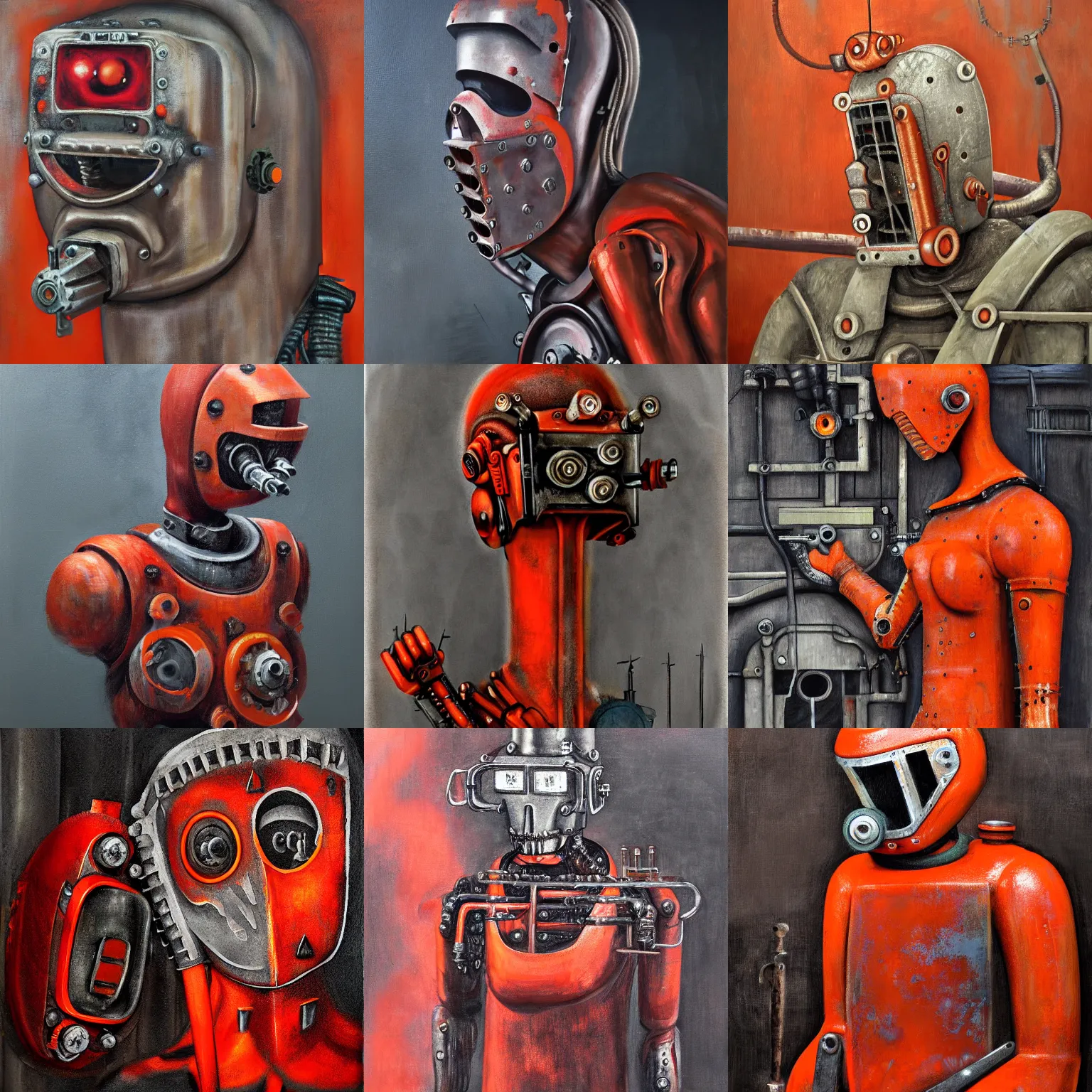 Prompt: red, orange, grey, toaster, drill, hammer, dark, gothic, cyber, fantasy, rust, metal, rivets, cogwheel, human, creature, mannequin, machinery, scuba mask, by giger, masahiro ito, junji ito, rough oil paint, underpainting, highlights, john signer sargent, dean cornwell