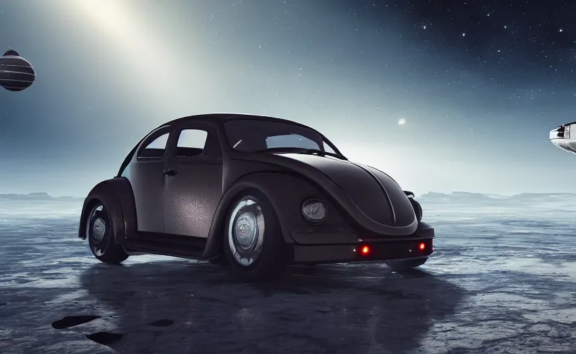 Image similar to a spaceship version of the vw beetle floating in the space, masterpiece, hyperrealistic, futuristic, symmetrical, octane render, unreal engine 5, path traced, highly detailed, high quality, 8 k, cinematic, high coherence, soft lighting, spacecraft, bloom