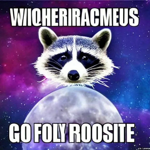 Prompt: cosmic raccoon, poorly photoshopped, meme template