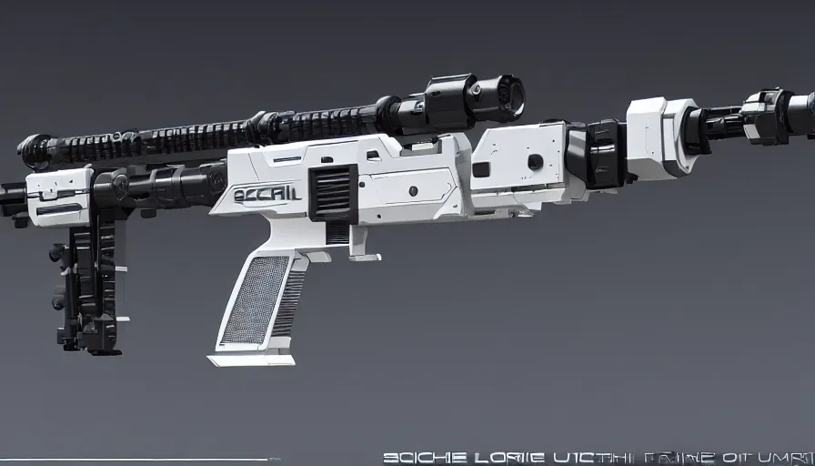 Prompt: extremely detailed realistic side view of a sci fi laser lmg, detailed trigger, chemically propelled, battery powered, smooth streamline, battery and wires, railgun, chemrail, gauss, elegant sleek smooth body, white paint, smooth utopian design, ultra high quality, minimalist, octane, cod, destiny, warframe, terminator