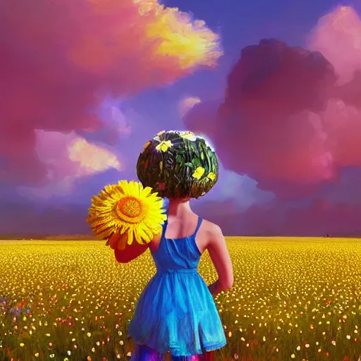 Image similar to giant daisy flower as head, girl dancing in a flower field, surreal photography, sunrise, dramatic light, impressionist painting, colorful clouds, digital painting, artstation, simon stalenhag