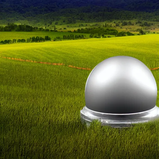 Image similar to a realistic silver ufo landed on a green field by the side of a country road, early morning, green hills, fences, blue sky, matte painting, 8 k