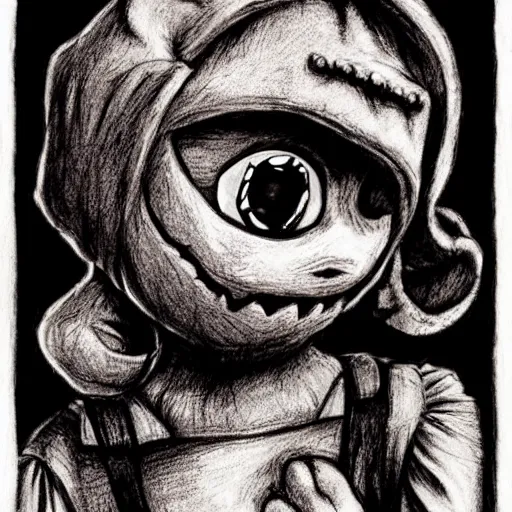 Prompt: grunge drawing of a teletubby by mrrevenge, corpse bride style, horror themed, detailed, elegant, intricate