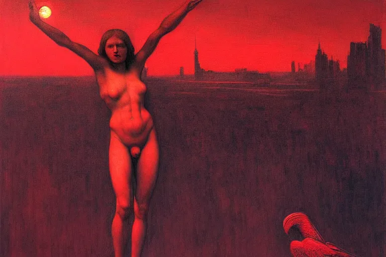 Image similar to only with red, a red angel announce the win, at the gates of a rich renaissance city. inthe background, pathos, in the style of beksinski, part by hopper, part by rodcenko, part by hofbauer, intricate composition, red by caravaggio, insanely quality, highly detailed, masterpiece, red light, artstation