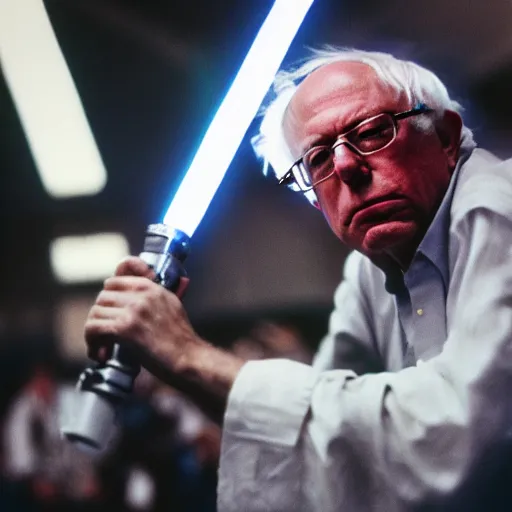 Prompt: Bernie sanders as a Jedi knight fighting storm troopers cinematic lighting, 35mm film