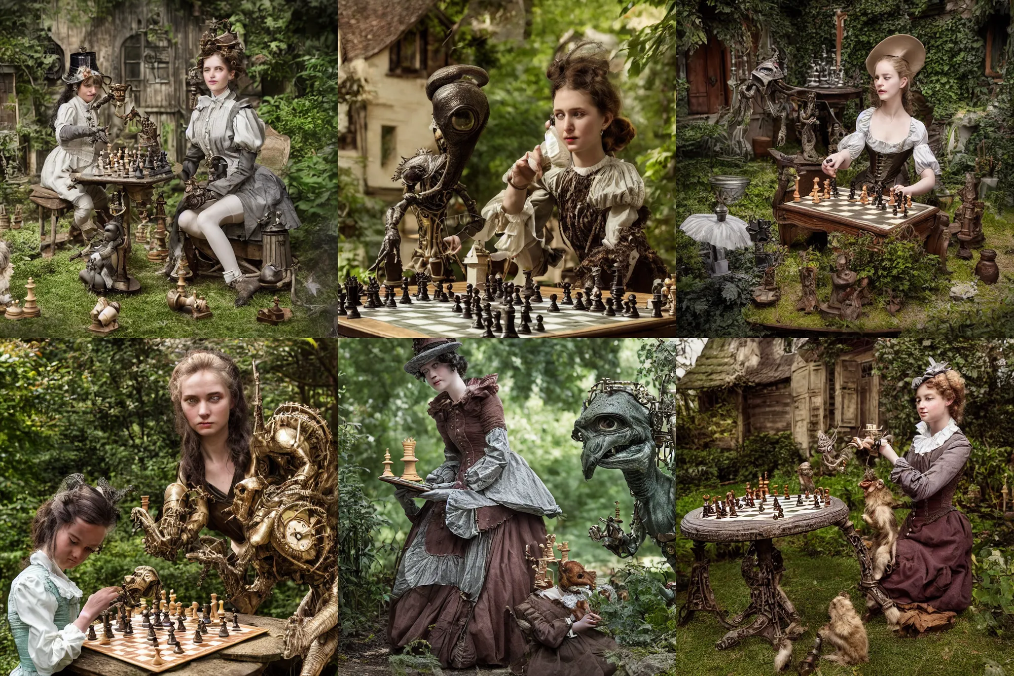 Prompt: detailed, sharp, a girl playing chess with her pet alien creature, wearing 1850s era clothes, in the garden of a house on an alien planet, steampunk, extremely highly detailed, hyperrealistic, highly detailed faces, 70 mm still from a period sci fi movie, 4k, HD