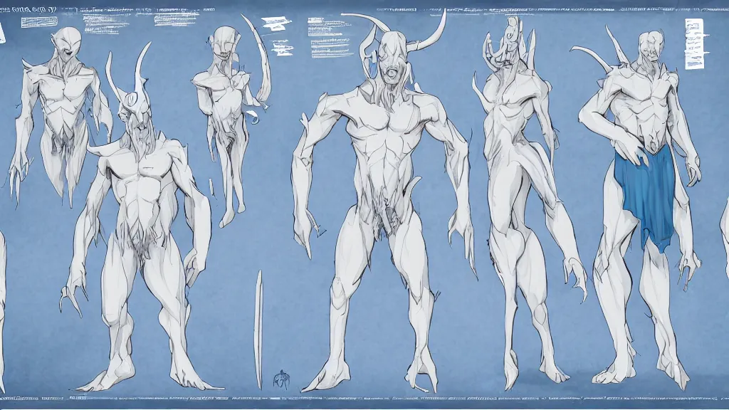 Image similar to a fantasy white and pale blue draconian demon with bright eyes character design sheet, trending on artstation