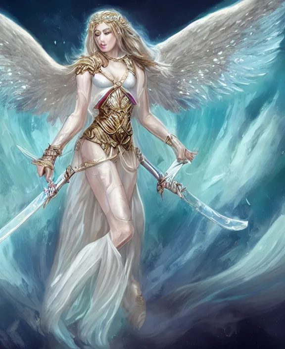 Image similar to full body design of a pretty female angel holding a sword with both hands while flying, body covered in religious tattoos glowing, white iridescent angel wings opened, D&D, fantasy, highly detailed, digital art, trending on artstation, smooth, sharp focus, illustration, art by Peter Tang and artgem