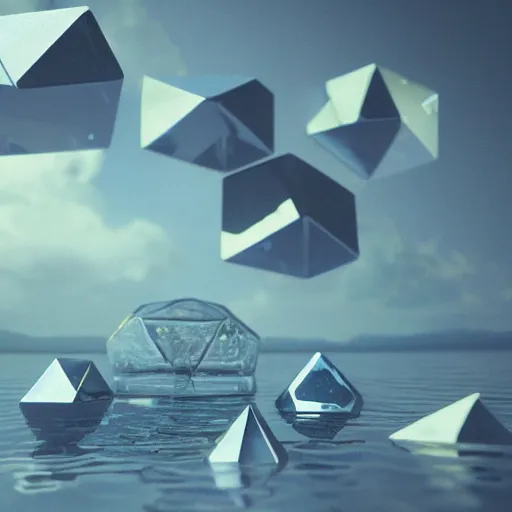 Prompt: platonic solids made of glass and steel floating above still water, dramatic lighting, psychedelic, octane render